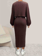 Open Front Long Sleeve Cardigan and Side Slit Cami Dress Set - Delanoir