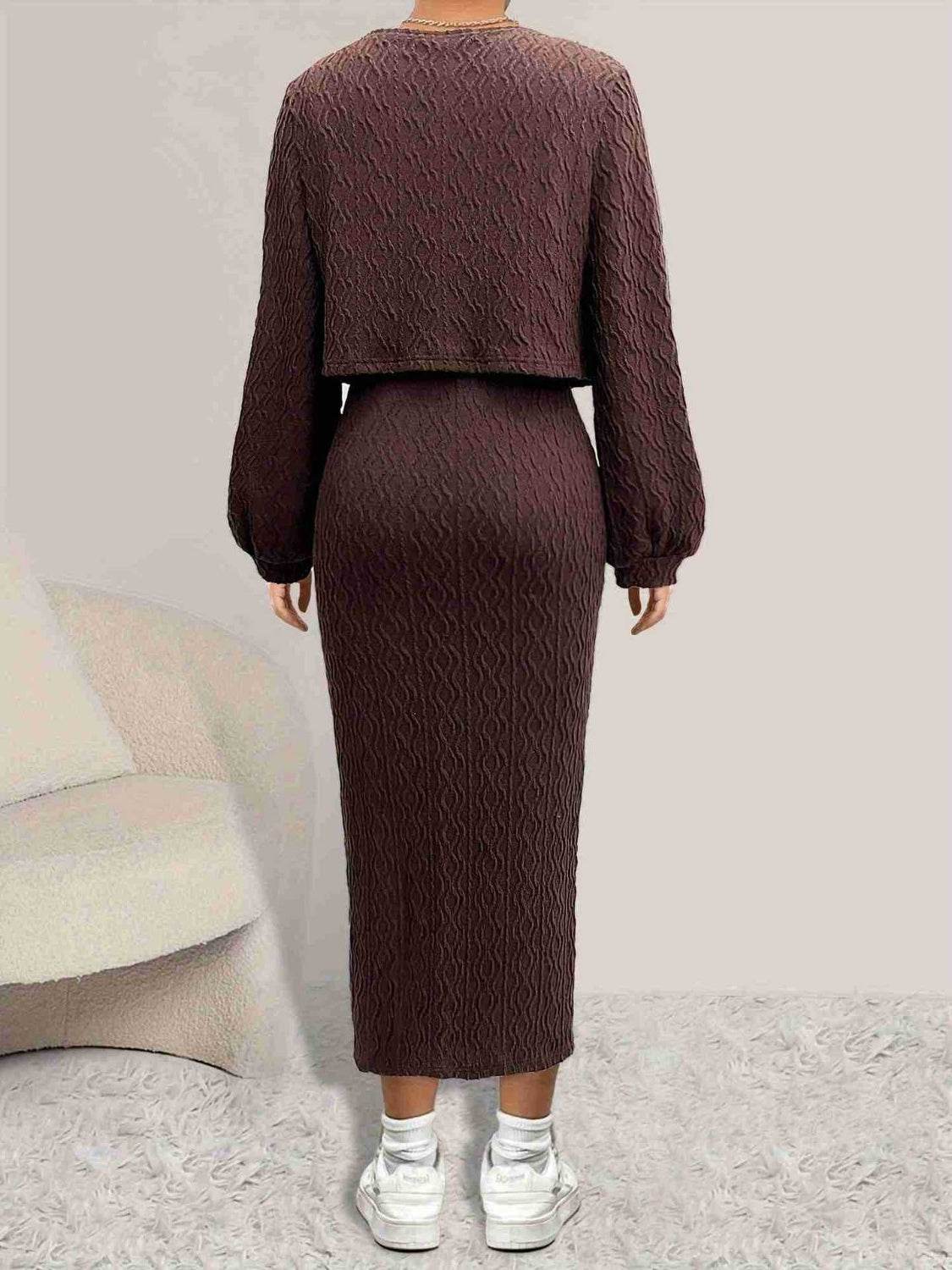 Open Front Long Sleeve Cardigan and Side Slit Cami Dress Set - Delanoir