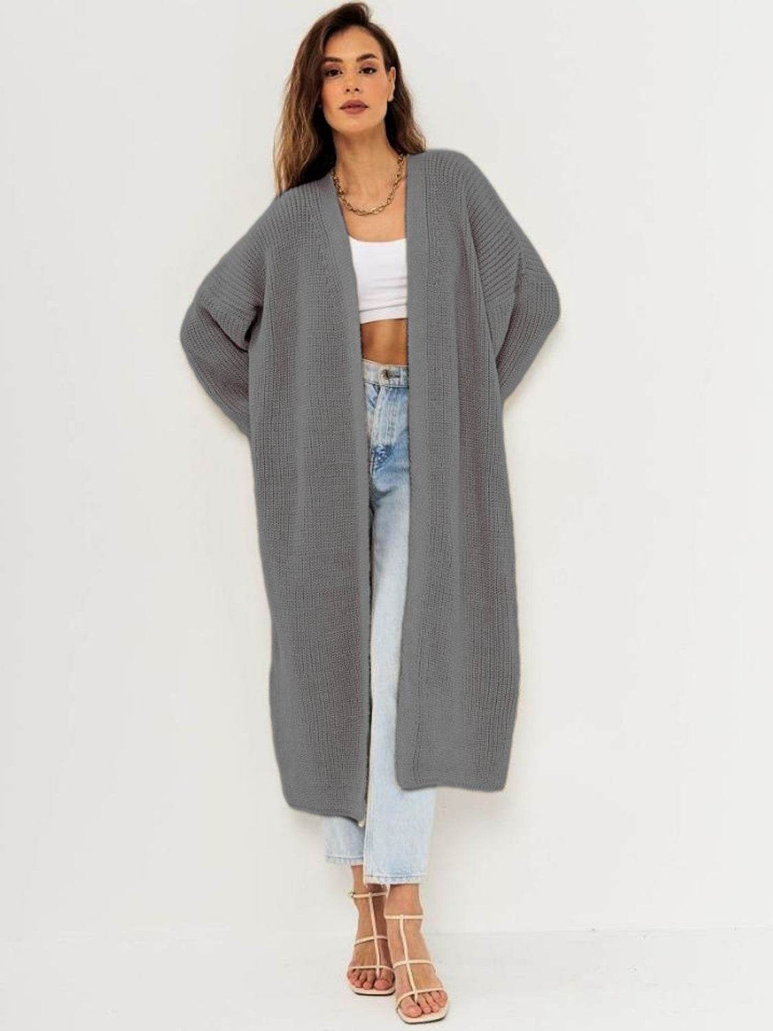 Open Front Long Sleeve Longline Cardigan - Delanoir