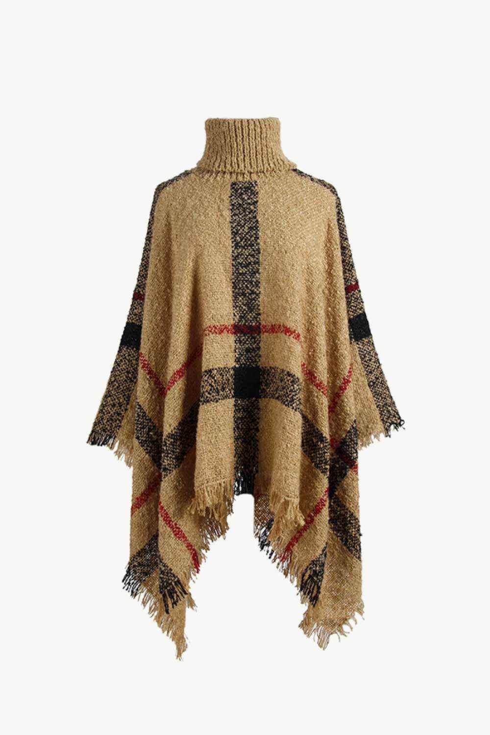 Plaid Turtleneck Raw Hem Poncho - Delanoir