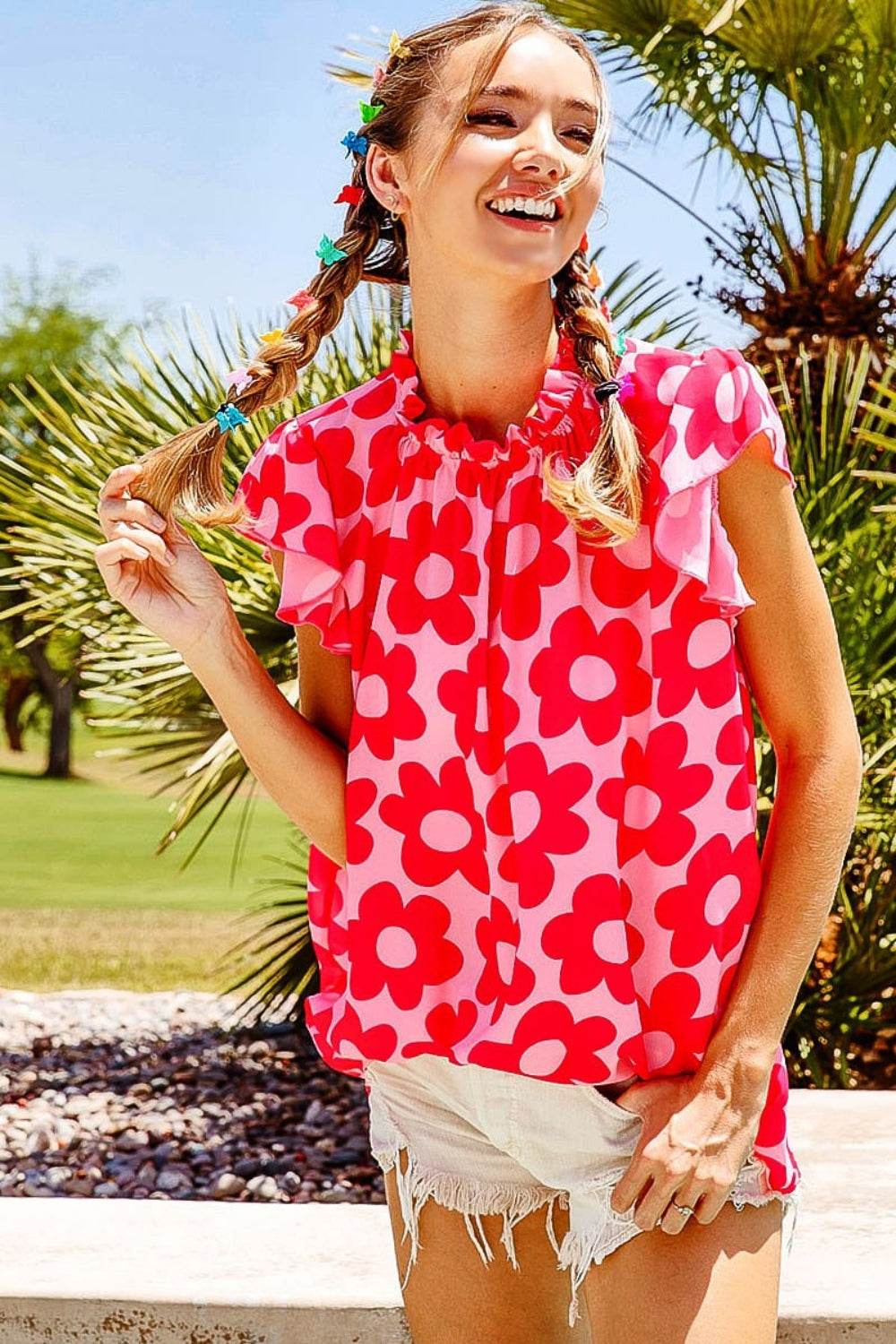 BiBi Floral Contrast Ruffled Top - Delanoir