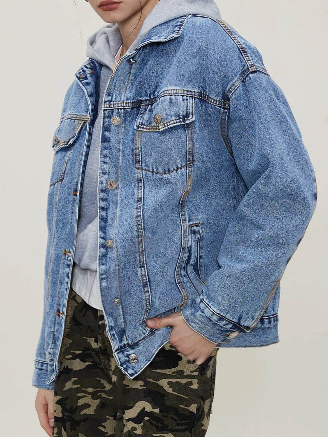 Button Up Collared Neck Long Sleeve Denim Jacket - Delanoir