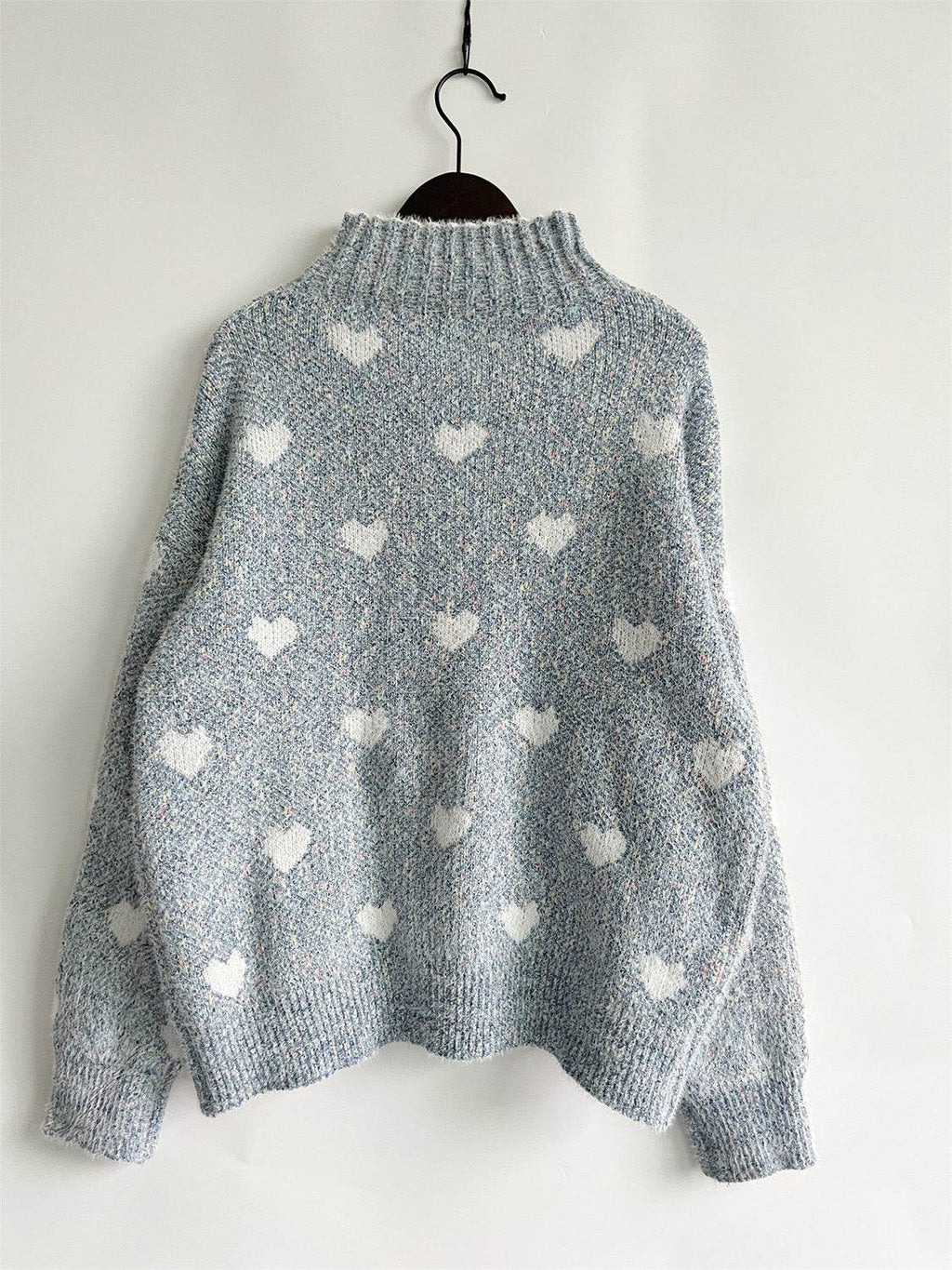Heart Heathered Turtleneck Drop Shoulder Sweater - Delanoir