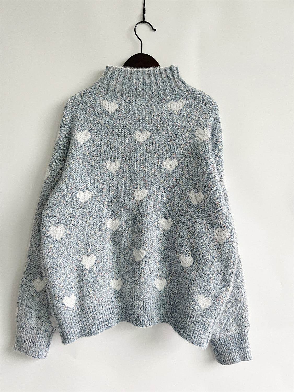 Heart Heathered Turtleneck Drop Shoulder Sweater - Delanoir