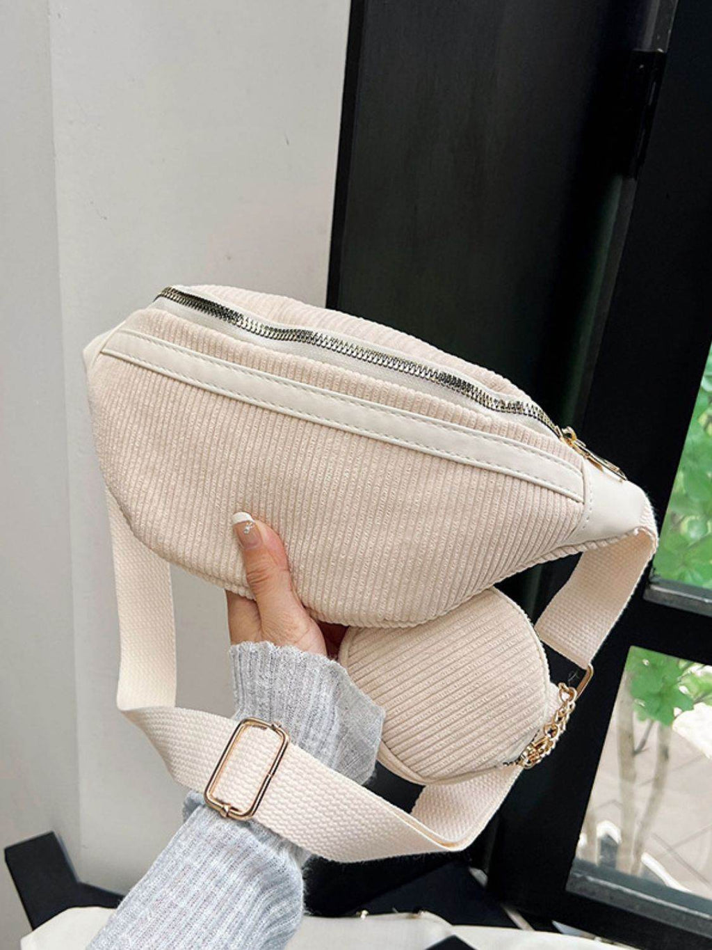 Corduroy Adjustable Strap Crossbody Bag with Pouch - Delanoir