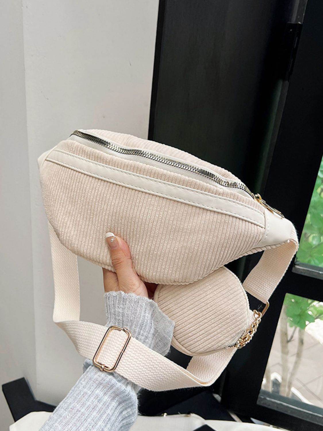 Corduroy Adjustable Strap Crossbody Bag with Pouch - Delanoir