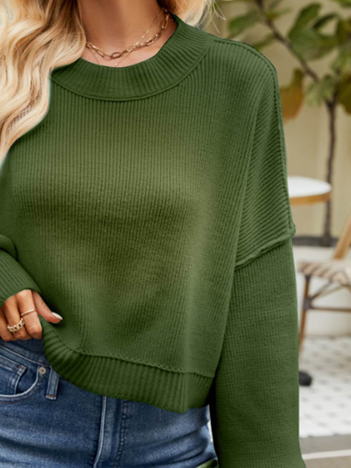 Round Neck Lantern Sleeve Sweater - Delanoir