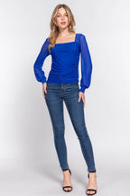 ACTIVE BASIC Square Neck Mesh Long Sleeve Shirring Top - Delanoir