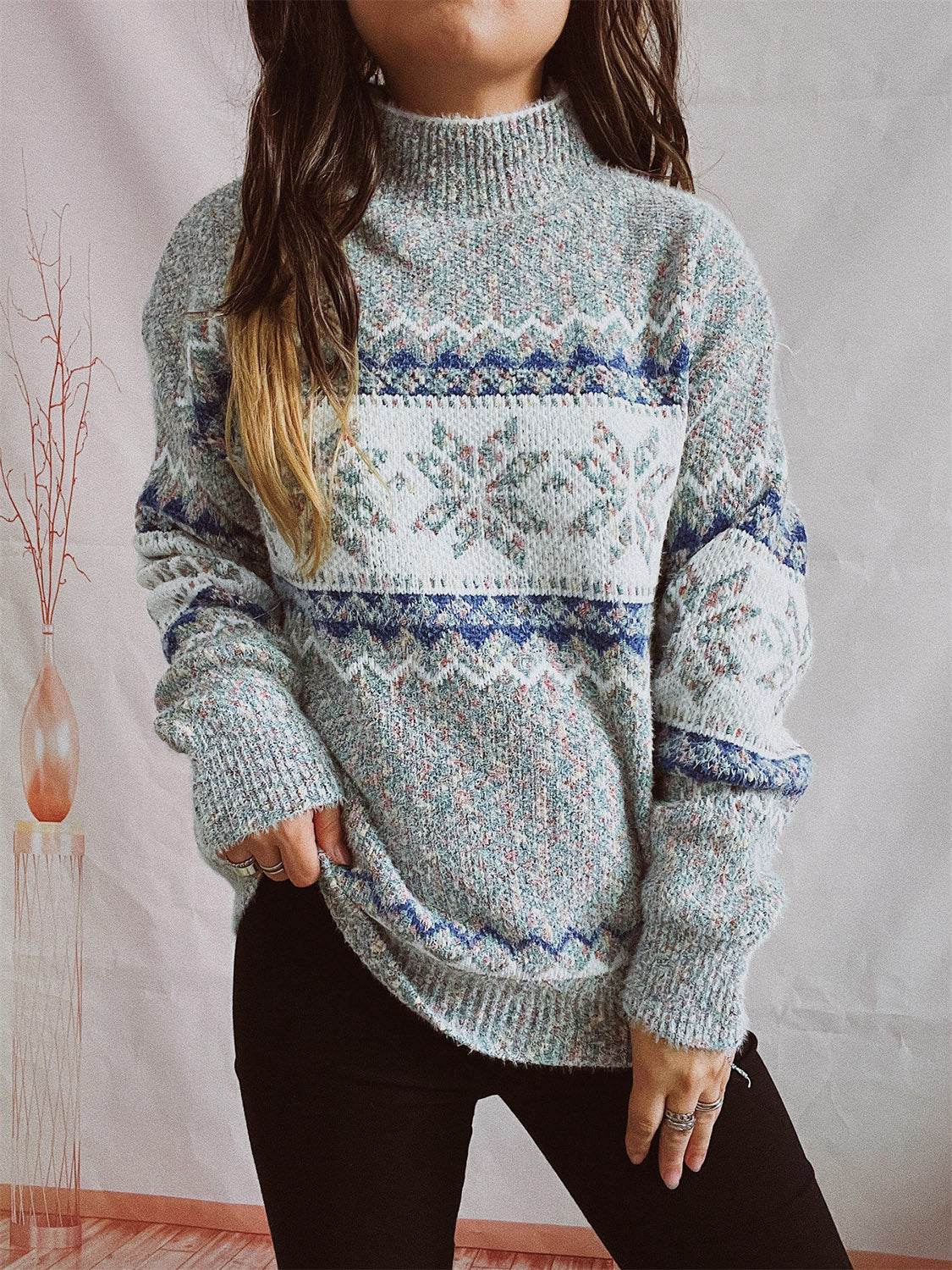 Geometric Mock Neck Dropped Shoulder Sweater - Delanoir