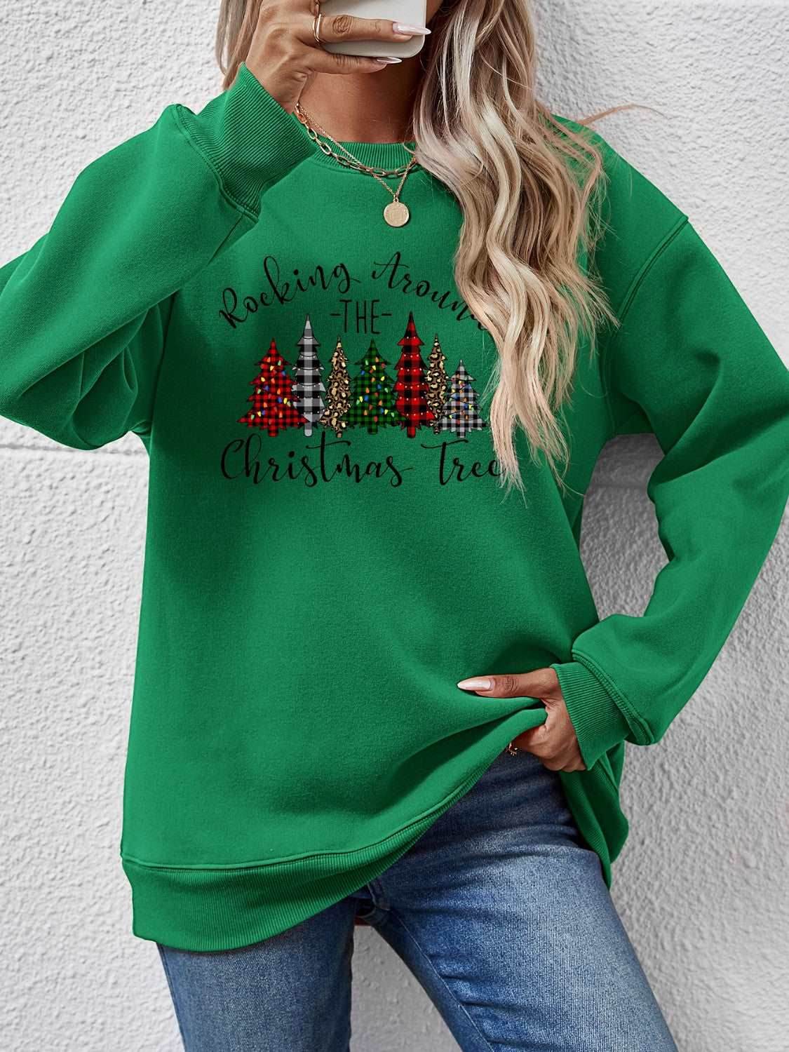 Christmas Tree Graphic Round Neck Sweatshirt - Delanoir