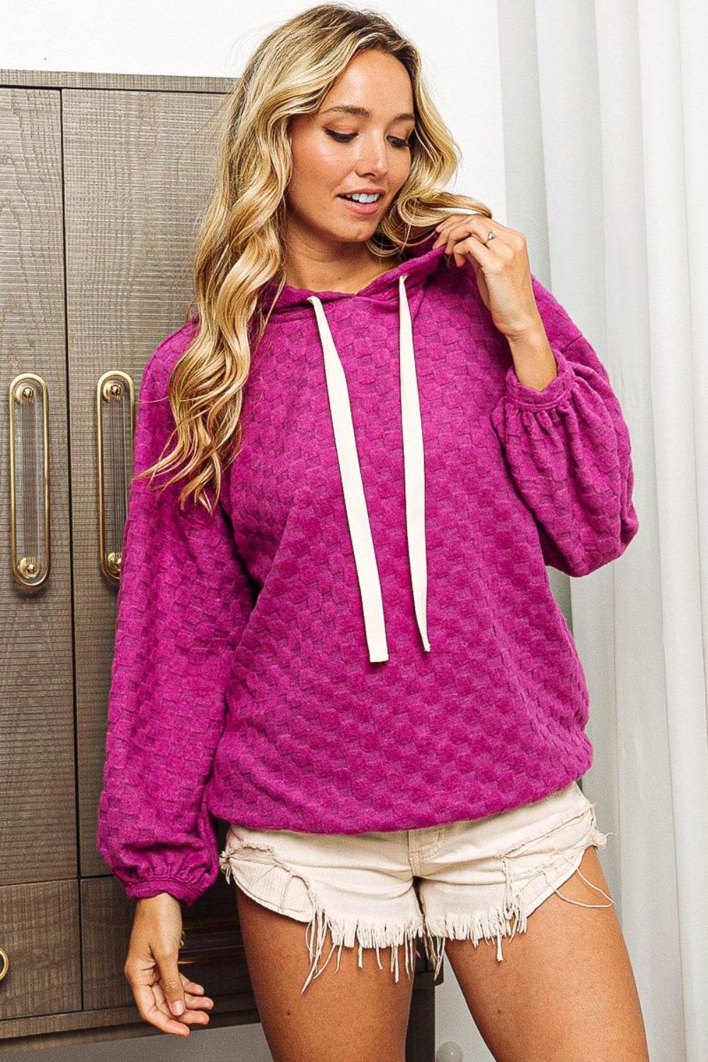 BiBi Brushed Checker Drawstring Long Sleeve Hoodie - Delanoir