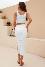 Openwork Cropped Tank and Split Skirt Set - Delanoir
