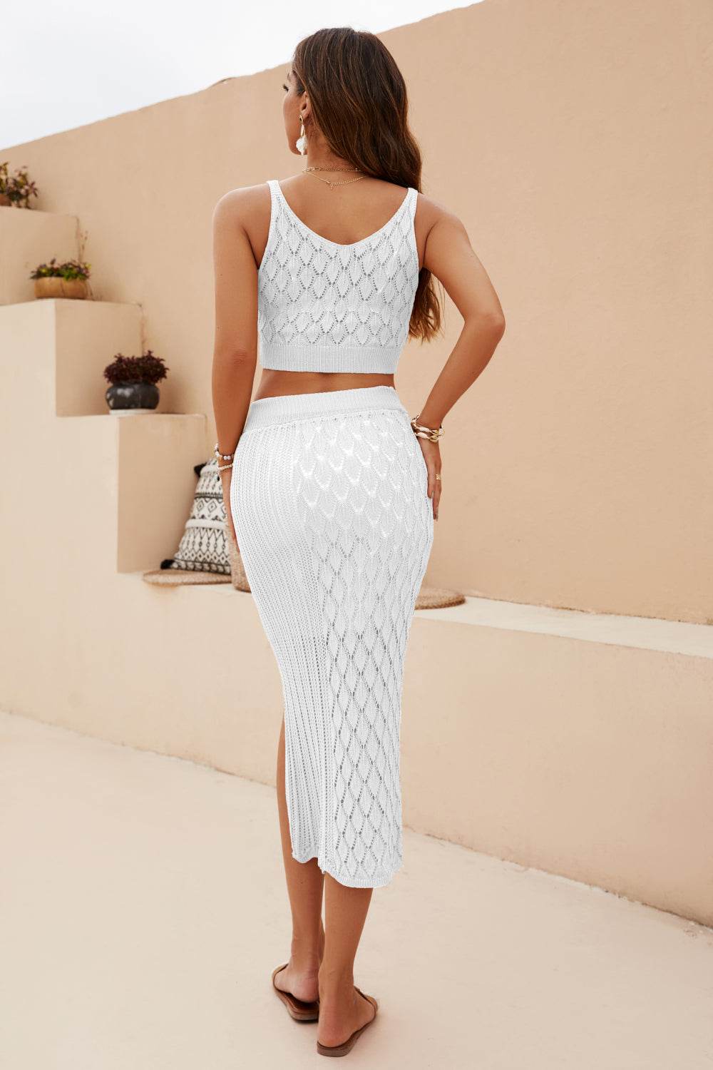 Openwork Cropped Tank and Split Skirt Set - Delanoir