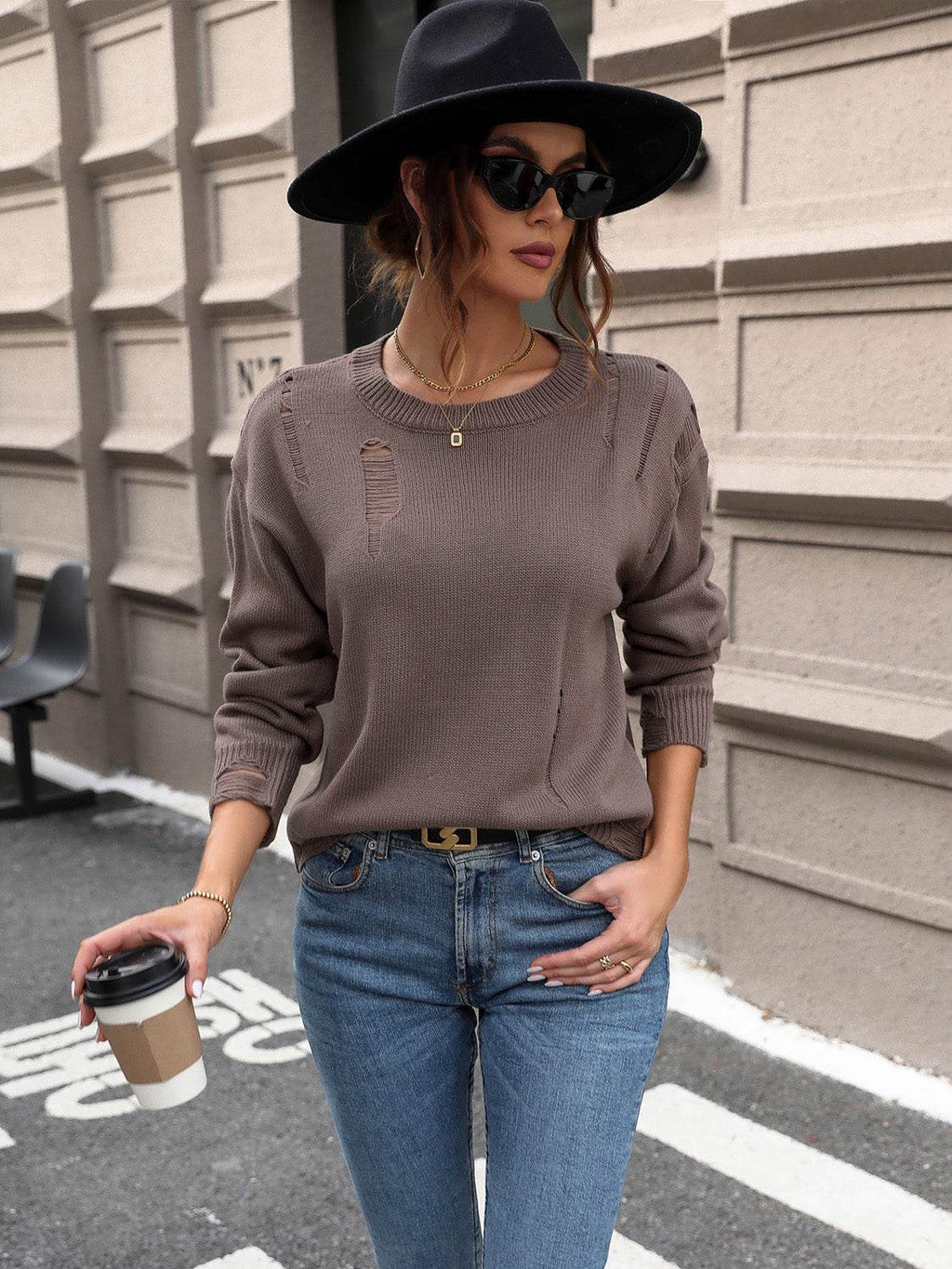 Perfee Cutout Round Neck Long Sleeve Sweater - Delanoir