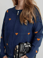 Heart Round Neck Zip Up Cardigan - Delanoir