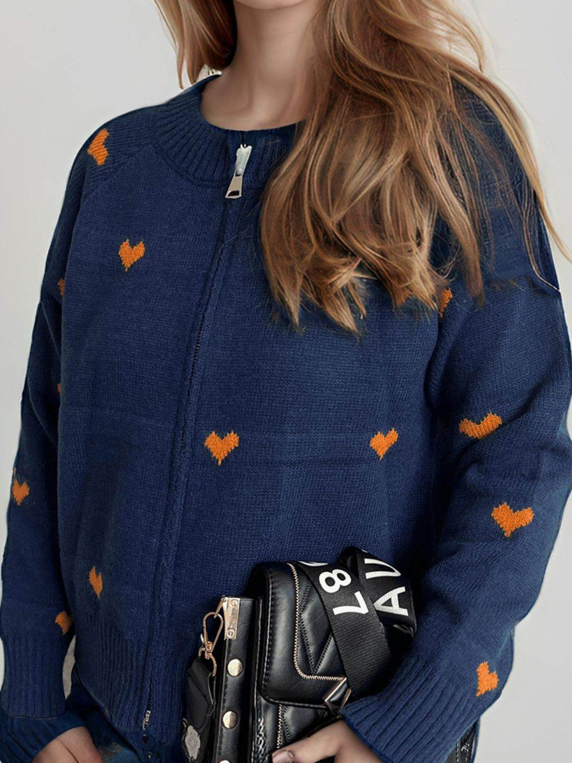 Heart Round Neck Zip Up Cardigan - Delanoir
