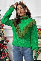 Cable-Knit Ruffled Mock Neck Lantern Sleeve Sweater - Delanoir