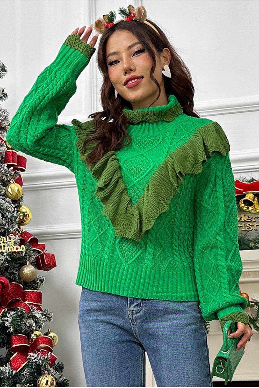 Cable-Knit Ruffled Mock Neck Lantern Sleeve Sweater - Delanoir