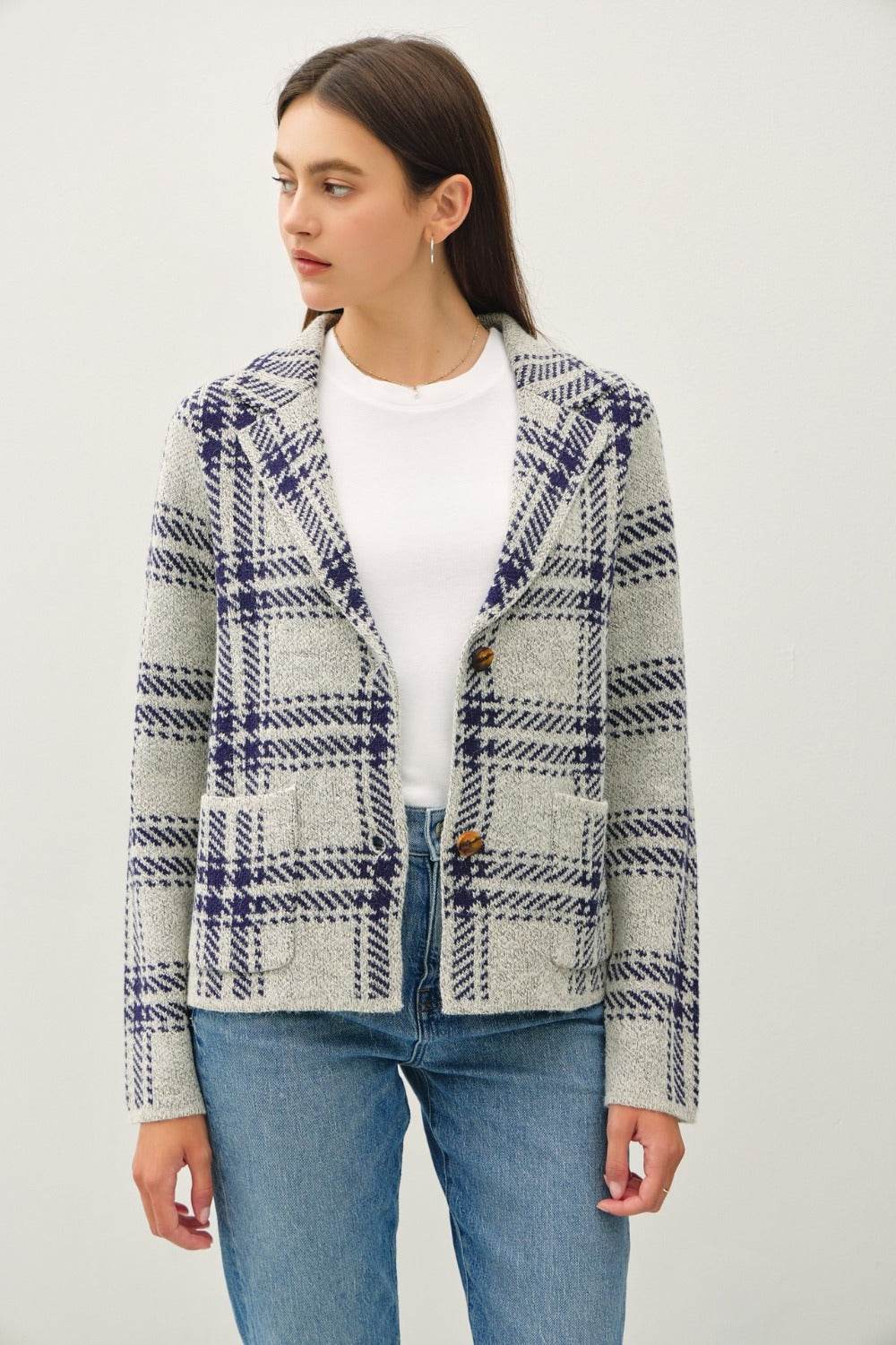 Be Cool Plaid Long Sleeve Sweater Jacket with Front Patch Pockets - Delanoir