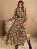 Ruched Printed Notched Long Sleeve Maxi Dress - Delanoir