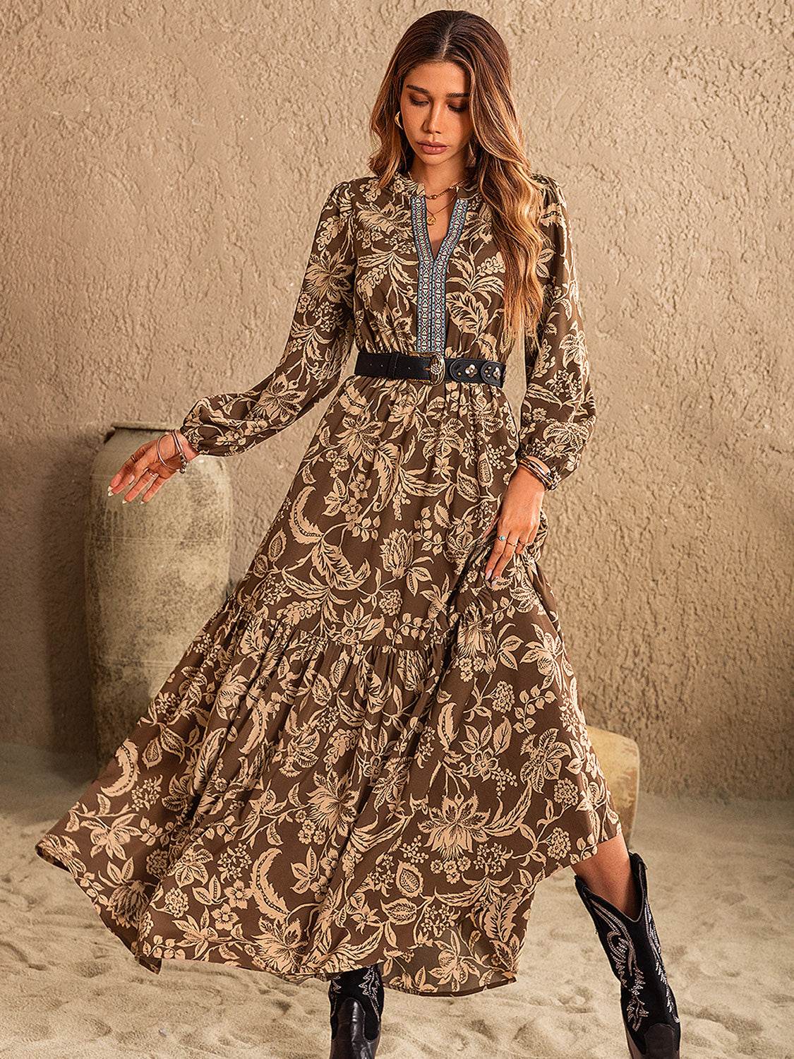 Ruched Printed Notched Long Sleeve Maxi Dress - Delanoir