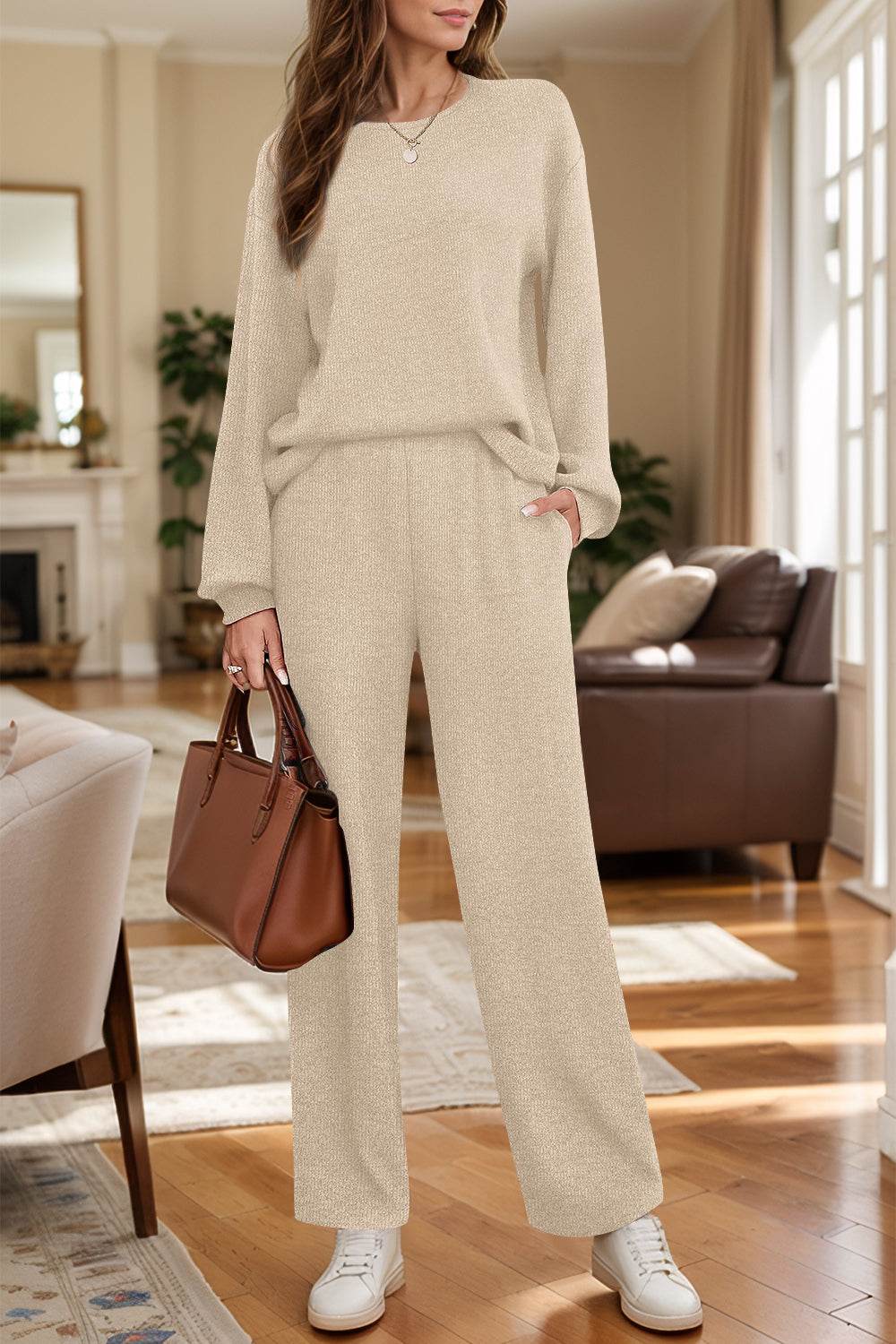 Round Neck Long Sleeve Top and Pants Set - Delanoir
