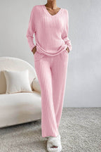 Ribbed V-Neck Top and Pants Lounge Set - Delanoir