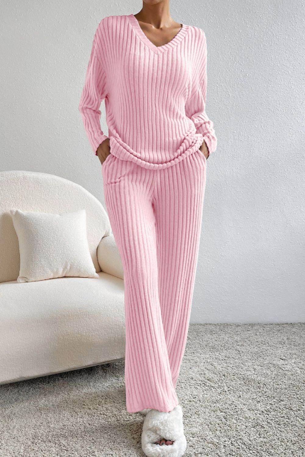 Ribbed V-Neck Top and Pants Lounge Set - Delanoir