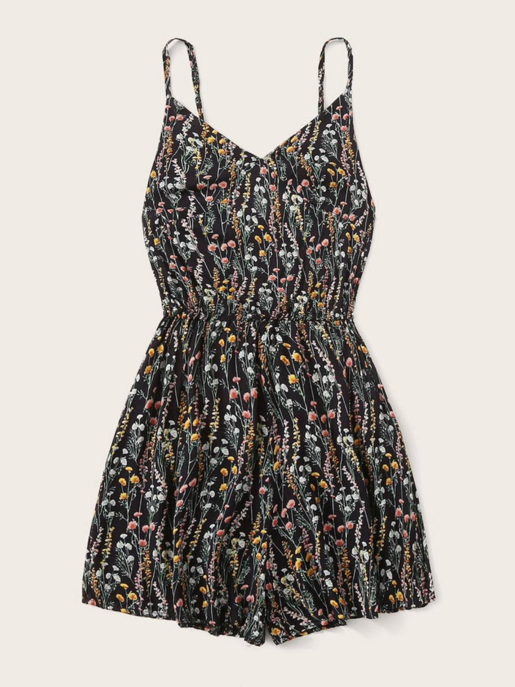 Printed V-Neck Spaghetti Strap Romper - Delanoir