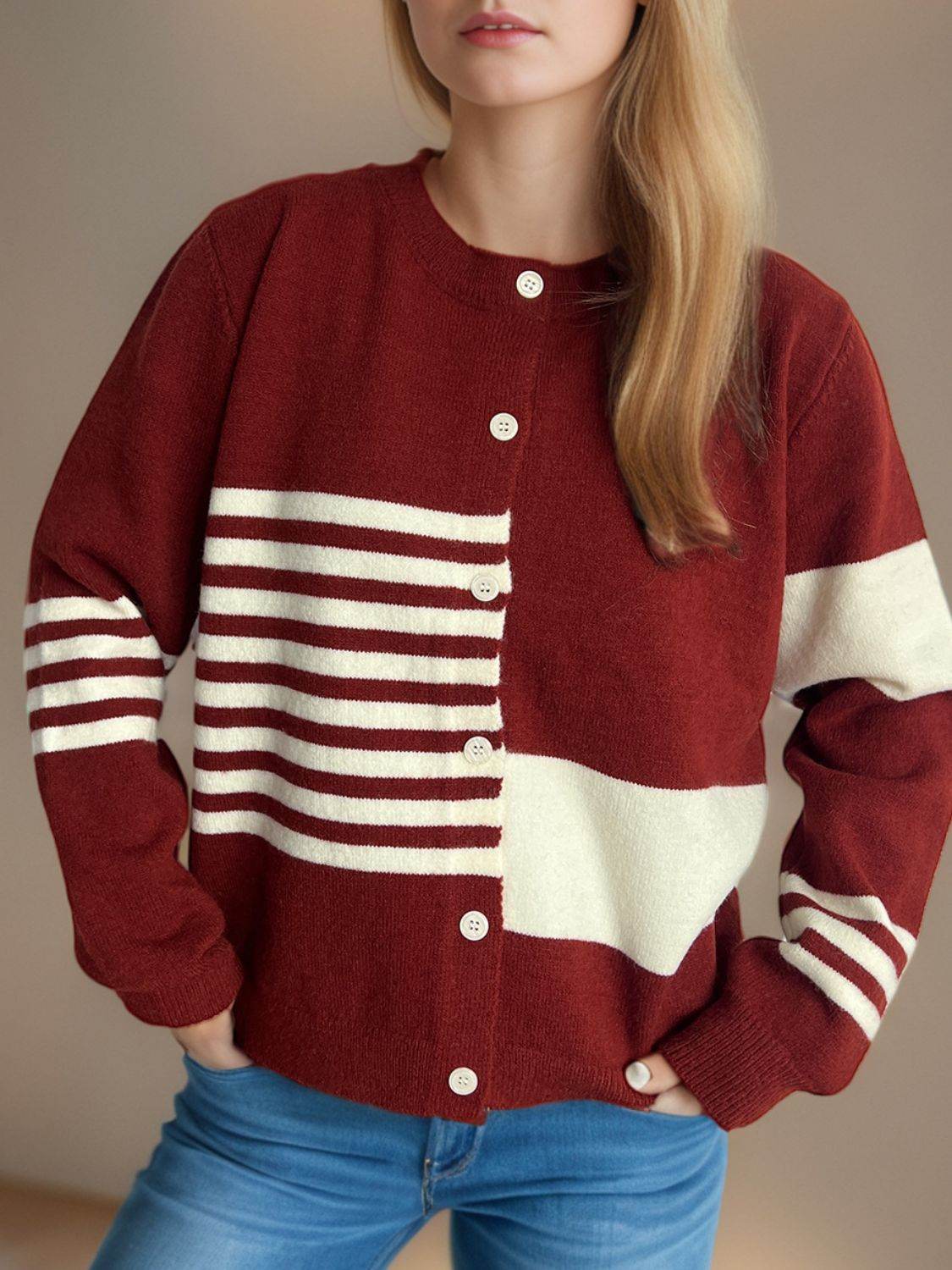 Striped Color Block Round Neck Cardigan - Delanoir
