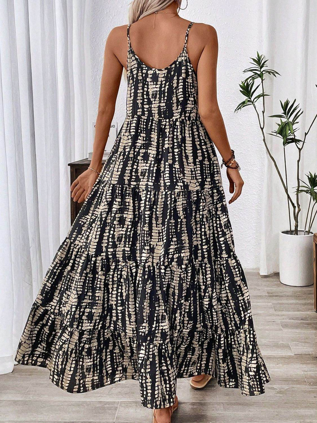 Printed Scoop Neck Maxi Cami Dress - Delanoir