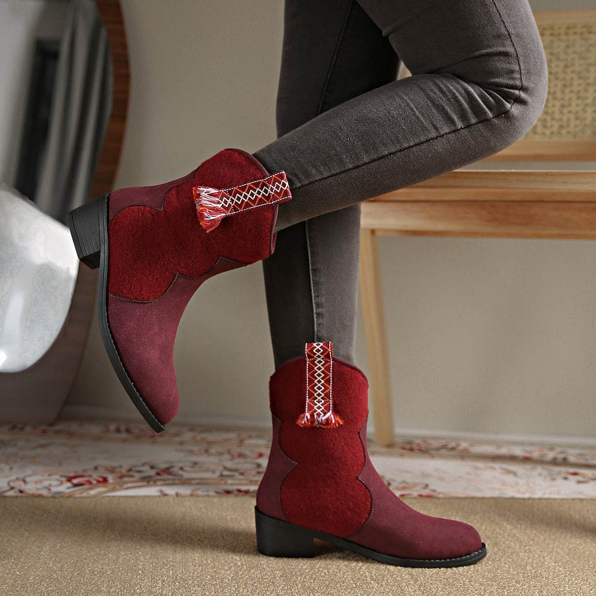 Suede Point Toe Block Heel Boots - Delanoir