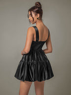 Ruched Square Neck Wide Strap Mini Dress - Delanoir