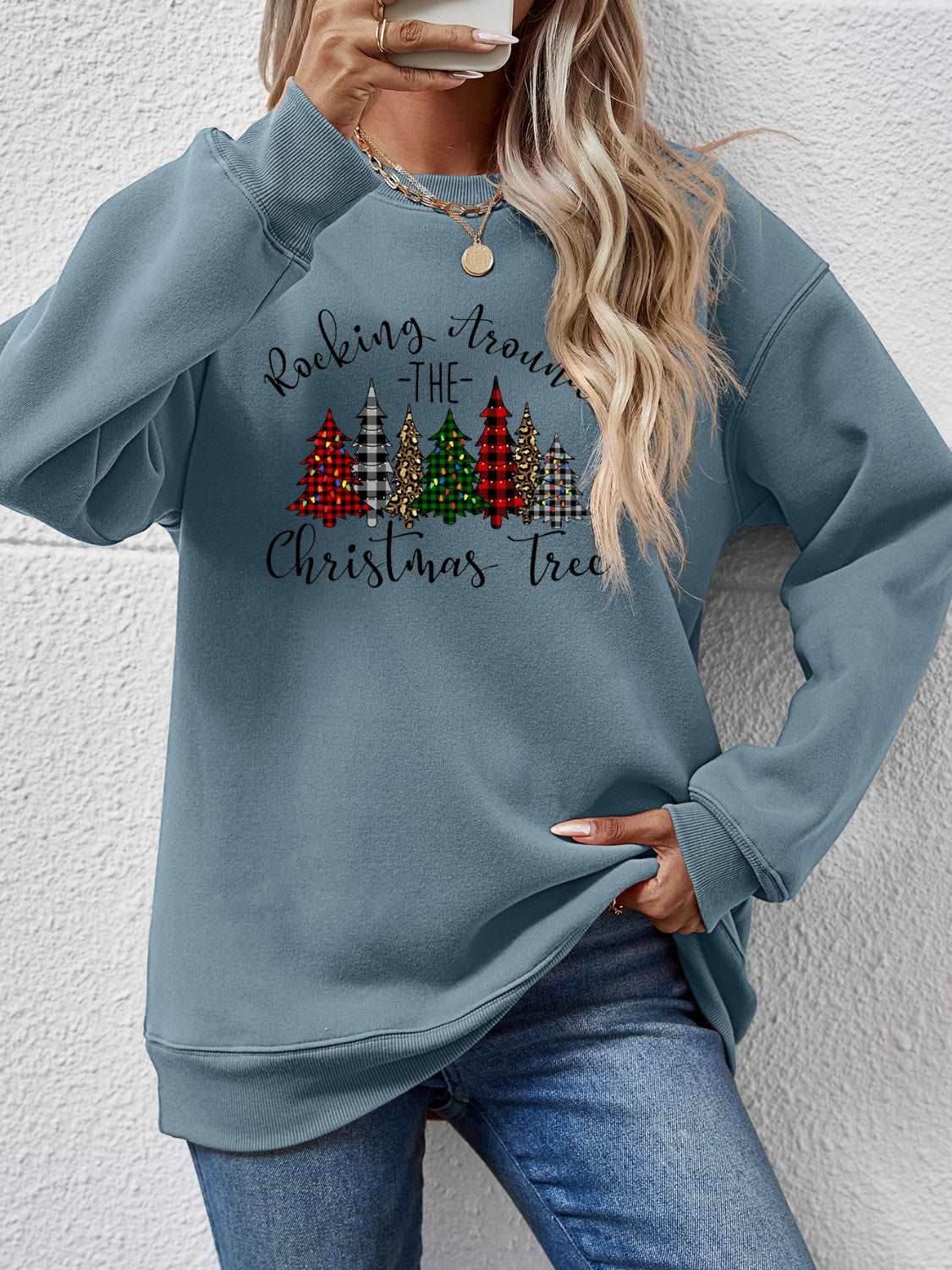 Christmas Tree Graphic Round Neck Sweatshirt - Delanoir
