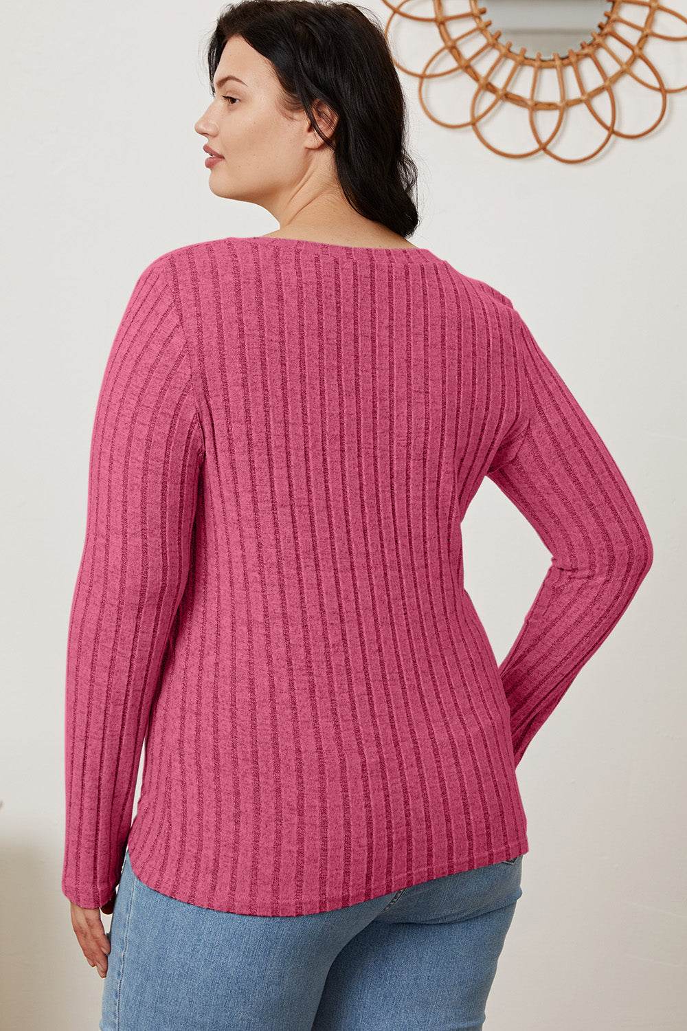 Basic Bae Full Size Ribbed V-Neck Long Sleeve T-Shirt - Delanoir
