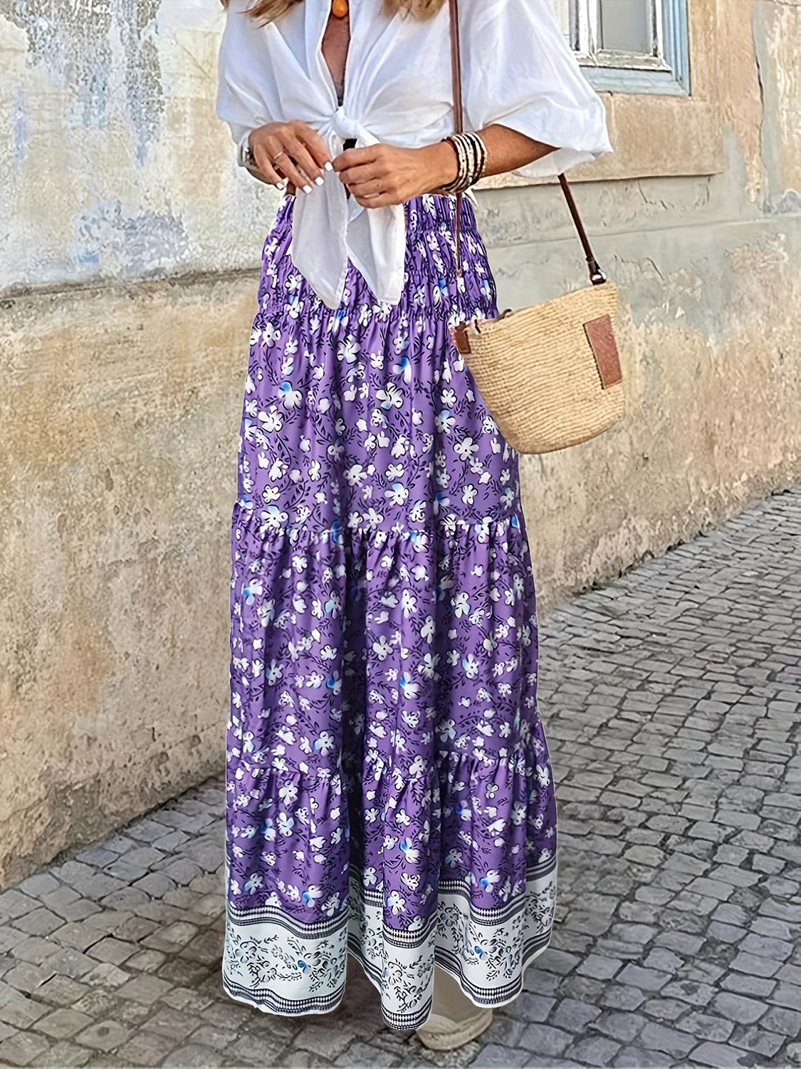 Full Size Tiered Printed Elastic Waist Skirt - Delanoir