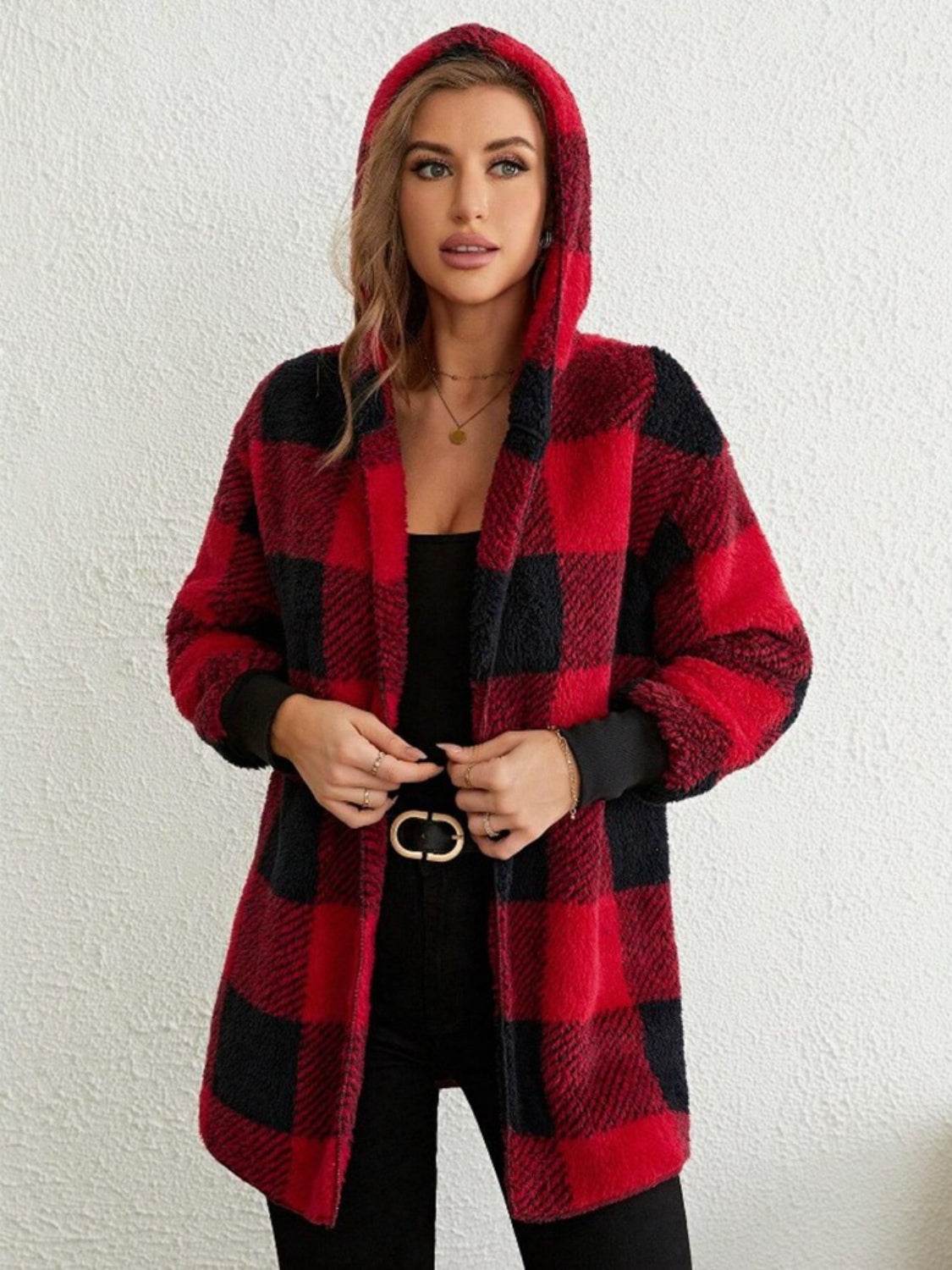 Plaid Long Sleeve Hooded Coat - Delanoir