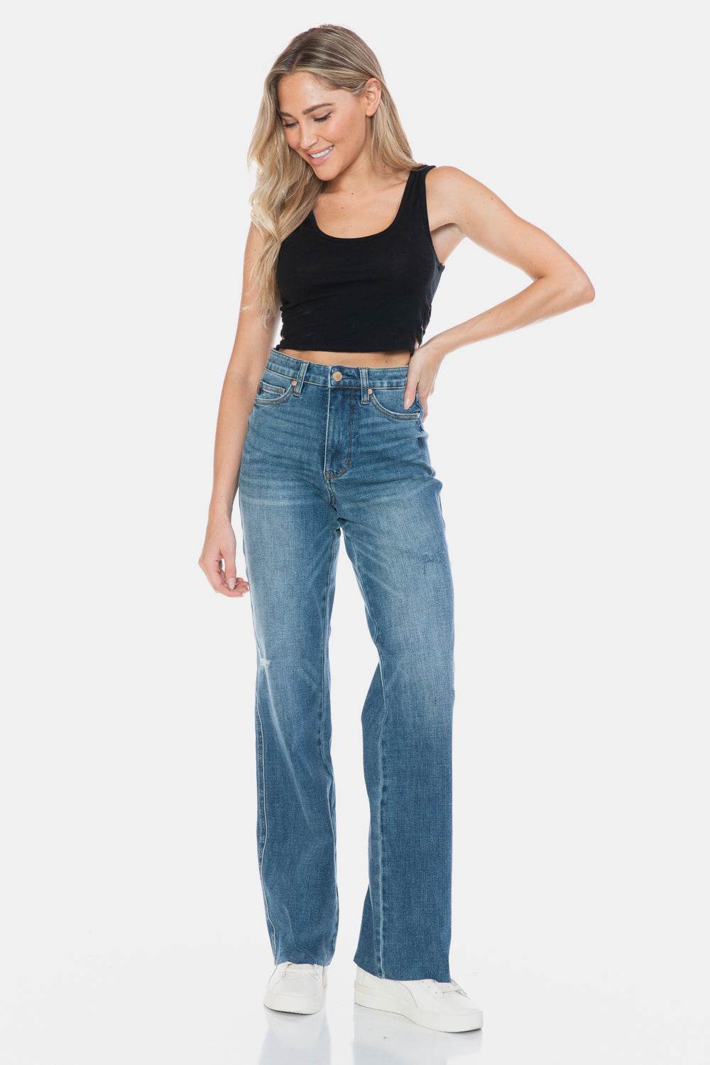 Judy Blue Full Size Tummy Control Cut Raw Hem Straight Jeans - Delanoir