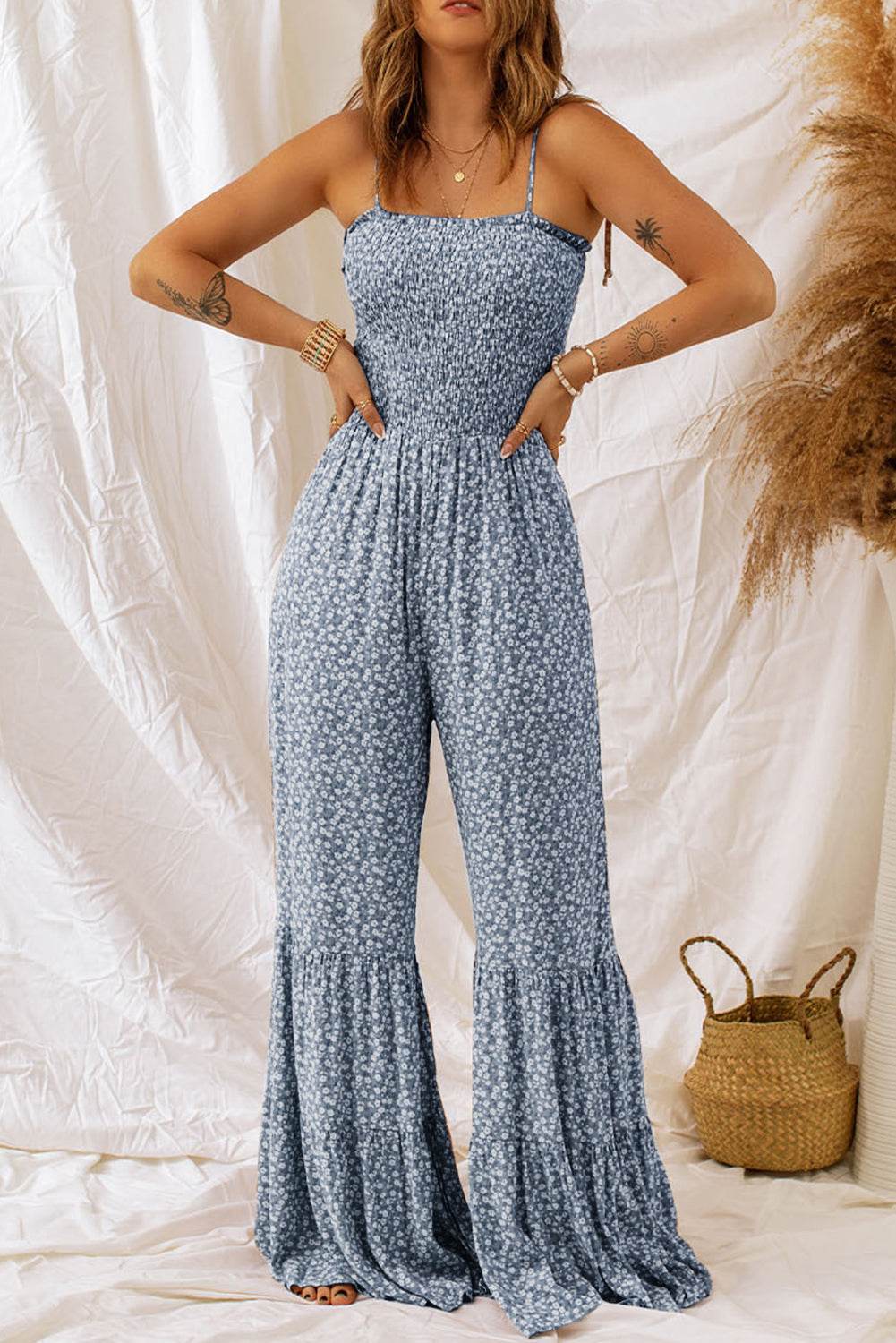 Smocked Printed Wide Strap Jumpsuit - Delanoir