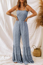 Smocked Printed Wide Strap Jumpsuit - Delanoir
