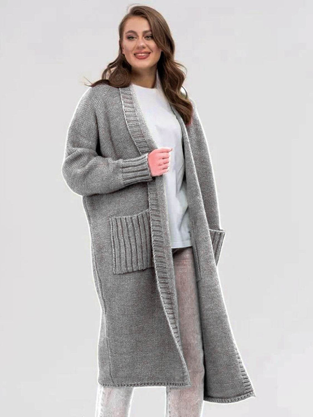 Pocketed Open Front Long Sleeve Longline Cardigan - Delanoir