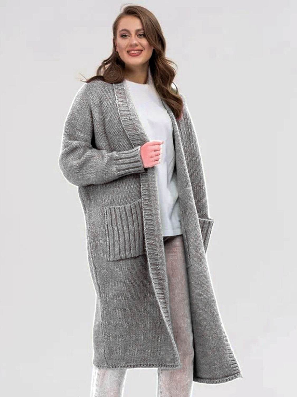 Pocketed Open Front Long Sleeve Longline Cardigan - Delanoir