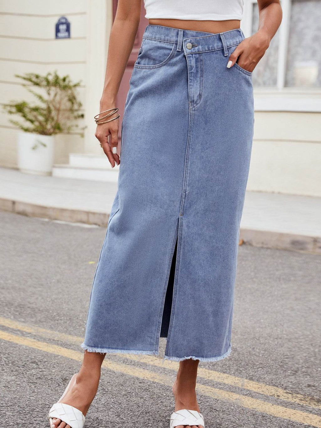 Slit Asymmetrical Waist Denim Skirt - Delanoir
