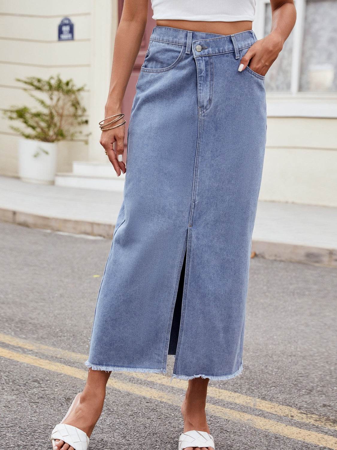 Slit Asymmetrical Waist Denim Skirt - Delanoir