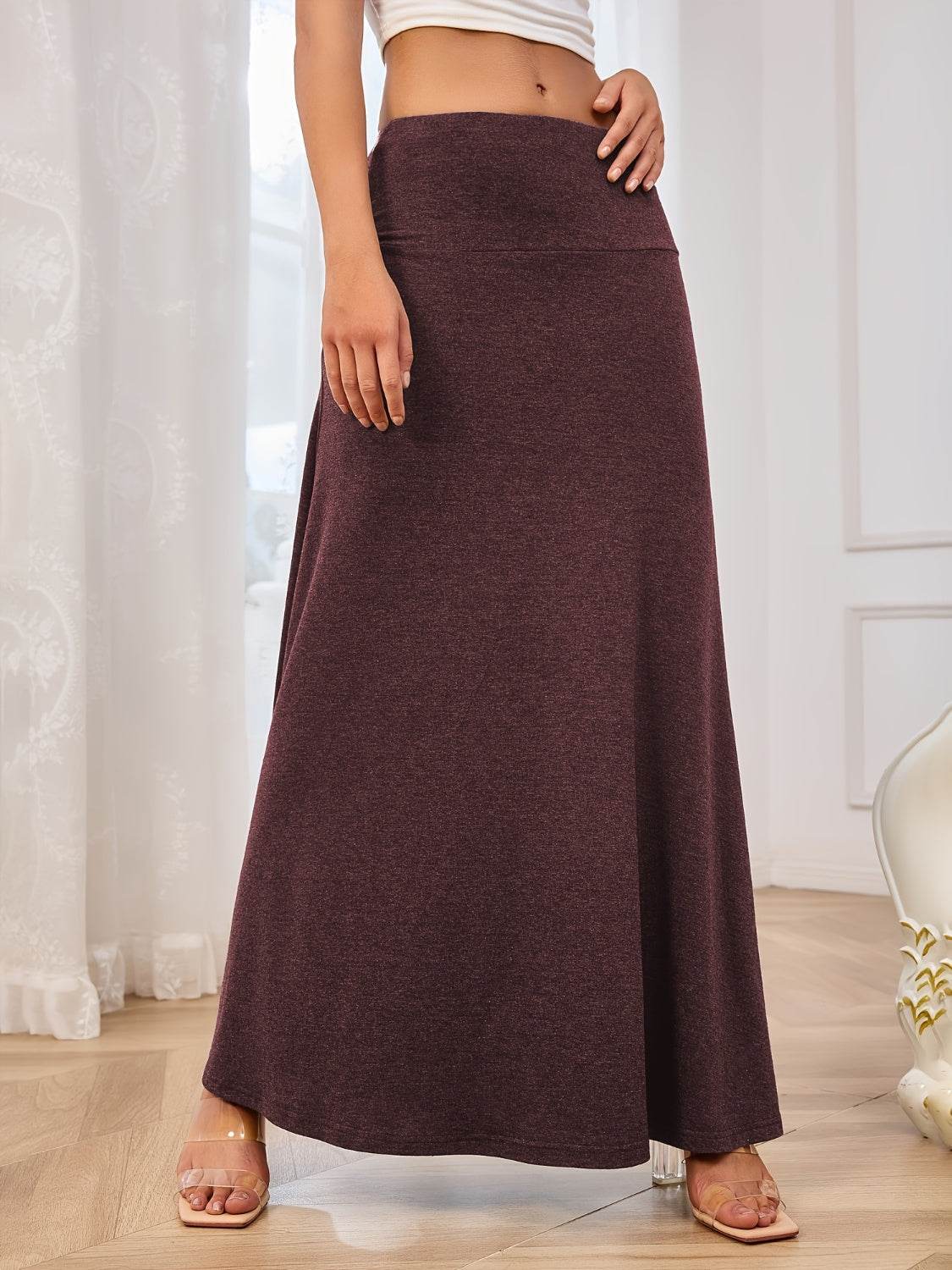 Solid Elastic Waist Maxi Skirt - Delanoir