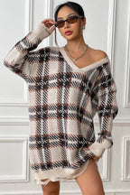 Plaid V-Neck Long Sleeve Sweater Dress - Delanoir