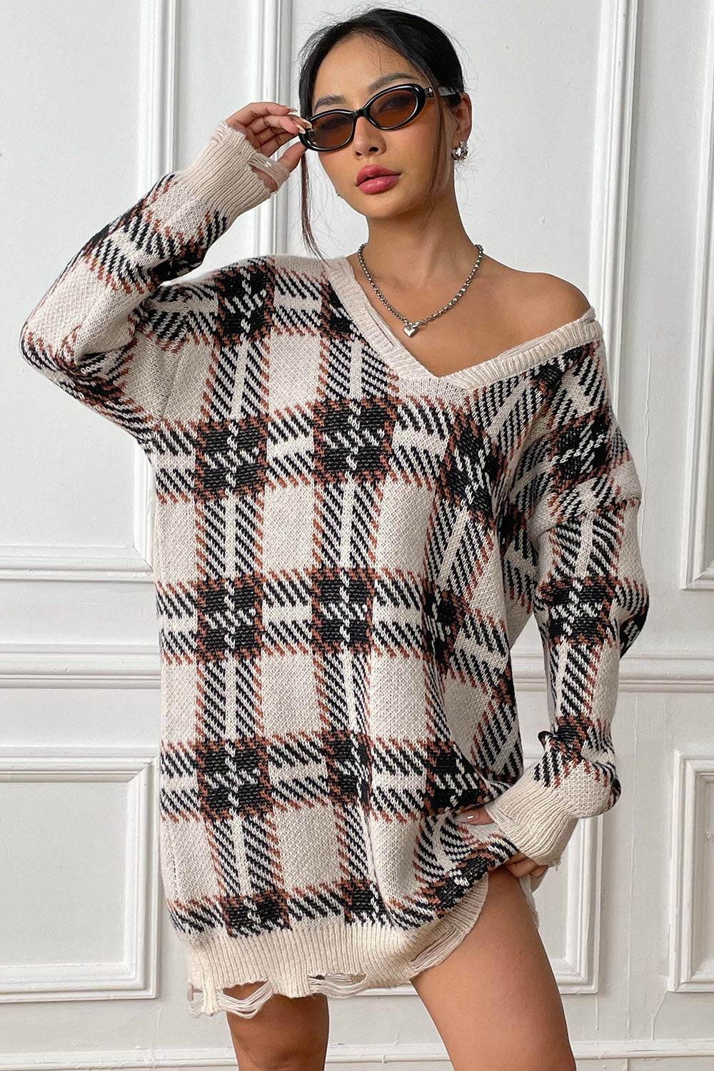 Plaid V-Neck Long Sleeve Sweater Dress - Delanoir