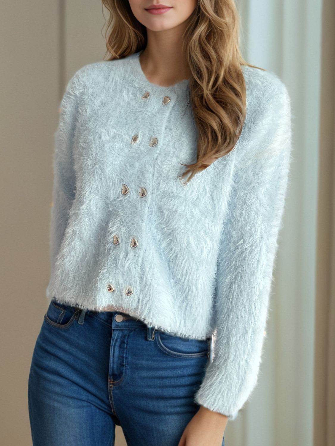 Heart Button Round Neck Cardigan - Delanoir