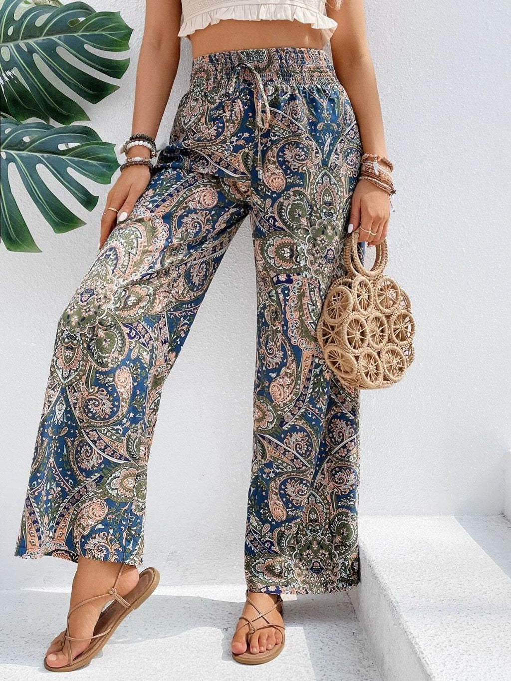 Printed Wide Leg Pants - Delanoir
