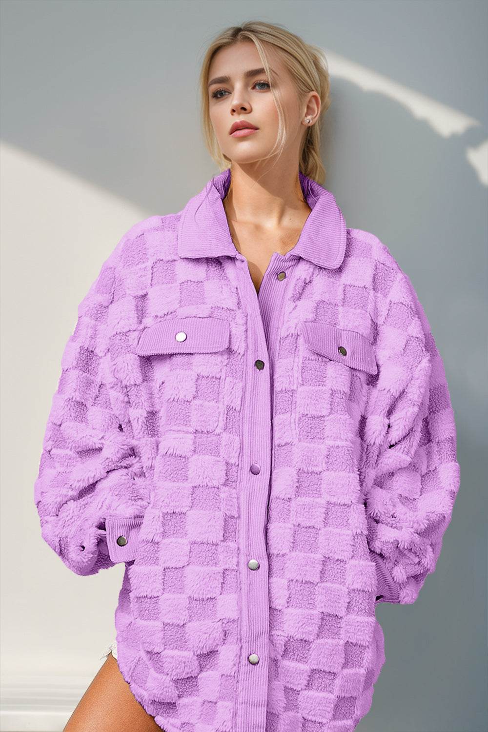 Double Take Button Up Fuzzy Checkered Shacket - Delanoir